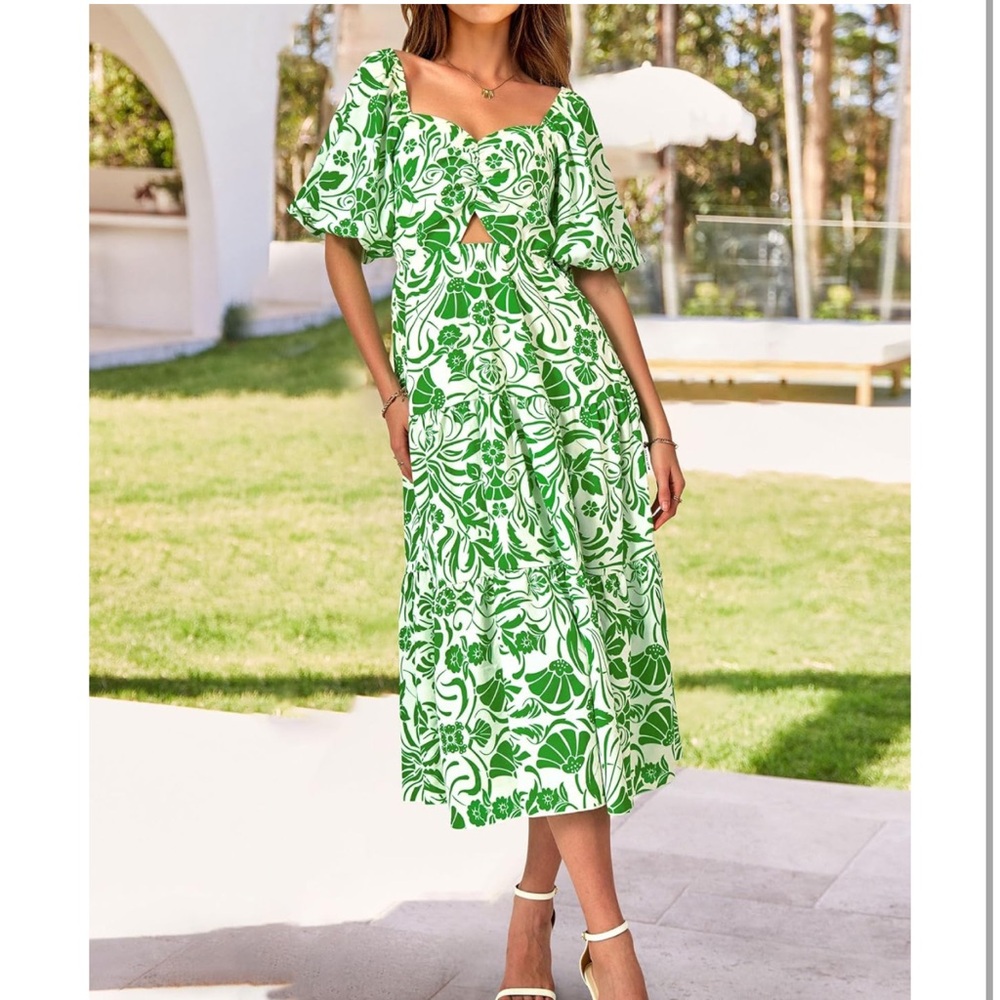 BTFBM summer 2025 Floral Green Off-Shoulder Dress